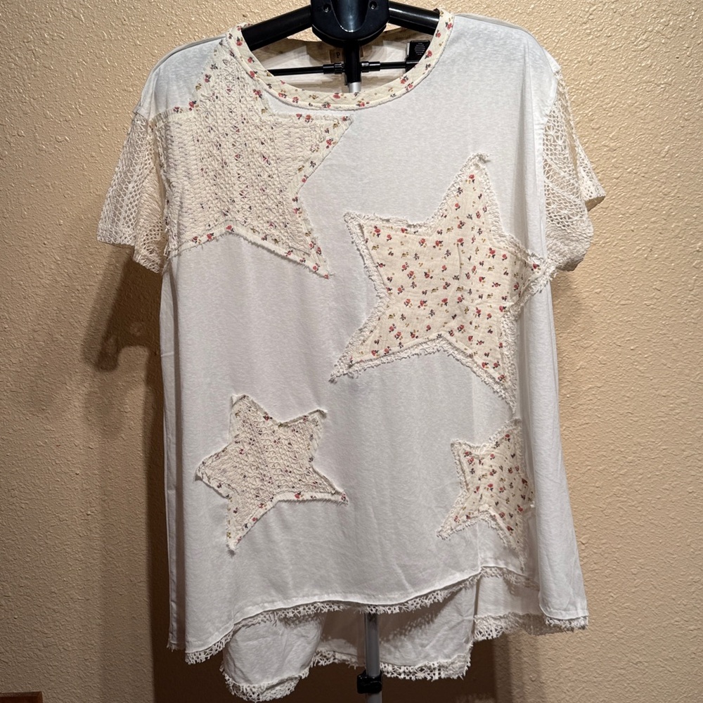 POL Oversized star detail patchwork short sleeve tee top long lace sleeves hem - Picture 2 of 12